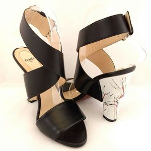 NWOB Fendi 37 Heels Black White Ankle Strap Open